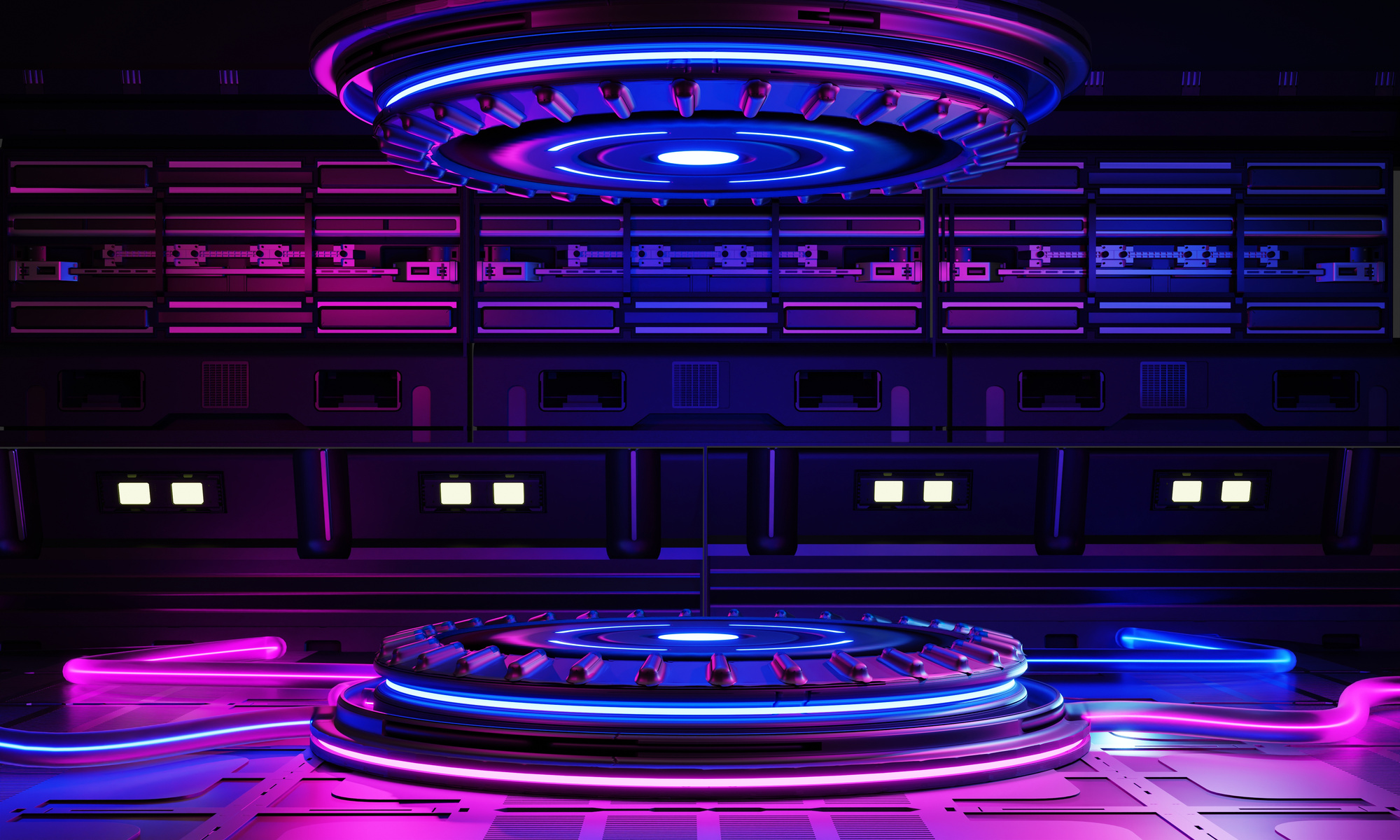 Cyberpunk Sci-Fi Product Podium Showcase in Spaceship Base with Blue and Pink Background. Technology and Object Concept. 3D Illustration Rendering